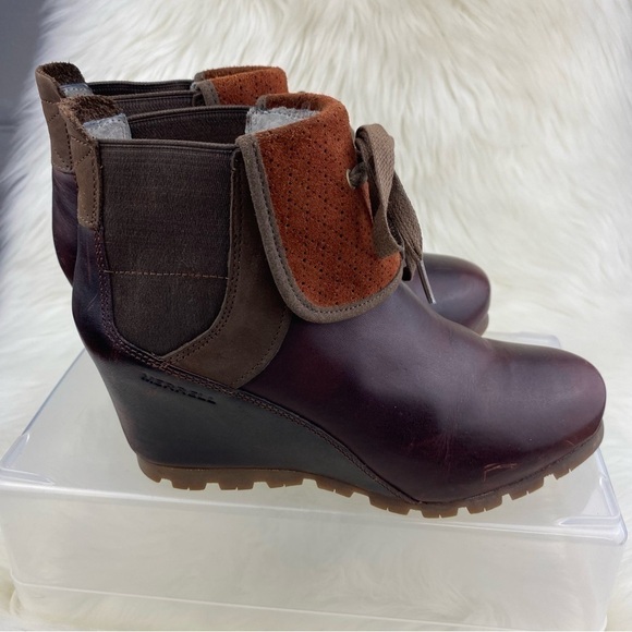MERRELL CINNAMON SMOOTH BROWN LEATHER WEDGE ANKLE BOOTIES SIZE W7 - Picture 6 of 10